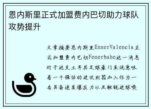 恩内斯里正式加盟费内巴切助力球队攻势提升