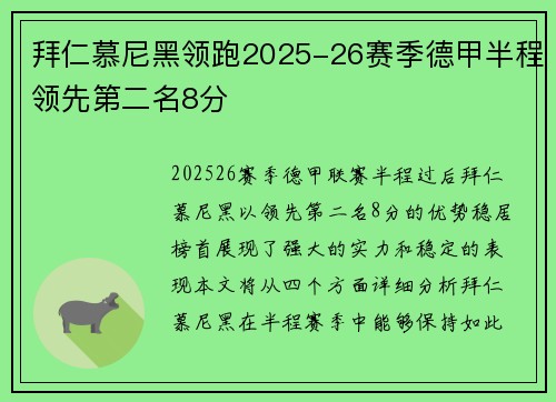 拜仁慕尼黑领跑2025-26赛季德甲半程领先第二名8分