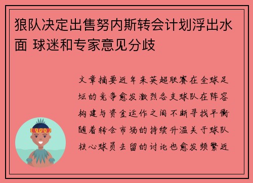 狼队决定出售努内斯转会计划浮出水面 球迷和专家意见分歧