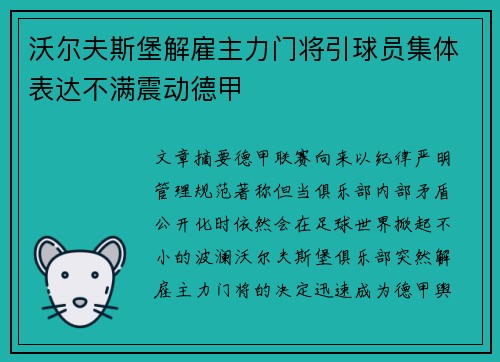 沃尔夫斯堡解雇主力门将引球员集体表达不满震动德甲 沃尔夫斯堡解雇主力门将引球员集体表达不满震动德甲