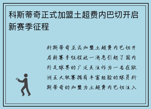 科斯蒂奇正式加盟土超费内巴切开启新赛季征程